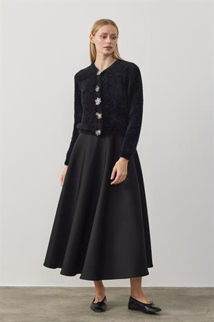 Layla Aksesuar Düğmeli Peluş Hırka  - Siyah