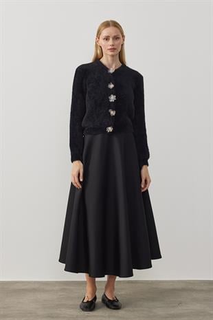 Layla Aksesuar Düğmeli Peluş Hırka  - Siyah