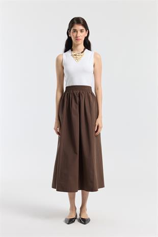 Layza Kloş Poplin Etek - Kahverengi