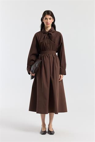 Layza Kloş Poplin Etek - Kahverengi