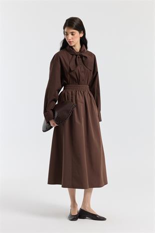 Layza Kloş Poplin Etek - Kahverengi