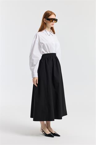 Layza Kloş Poplin Etek - Siyah
