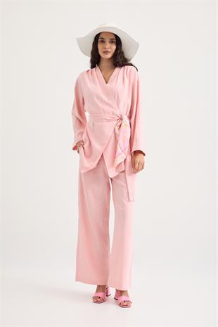 Leila Pileli Kuşaklı Keten Takım - Pembe