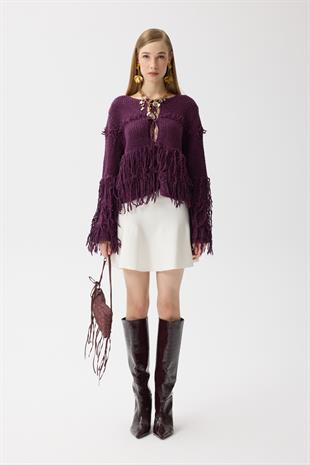 Lena Püsküllü Hırka - Mürdüm 