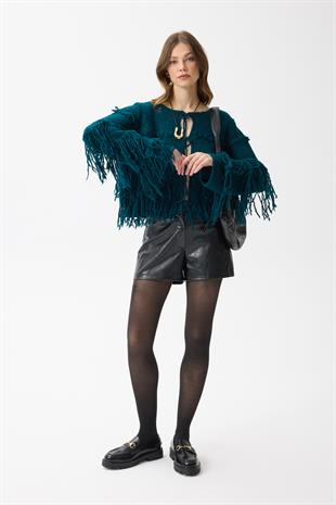 Lena Püsküllü Hırka - Petrol yeşil 