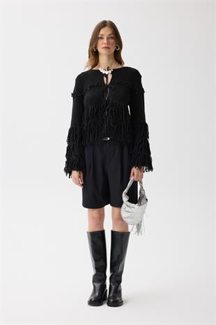 Lena Püsküllü Hırka - Siyah