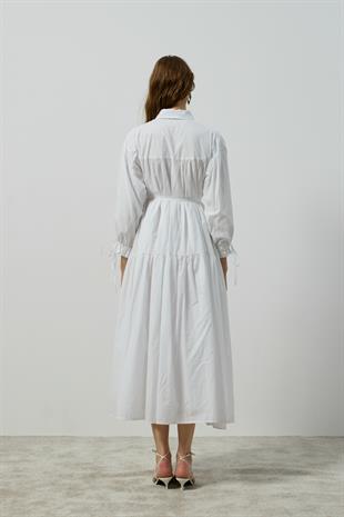 Leona Robalı Oversize Vual Elbise - Beyaz