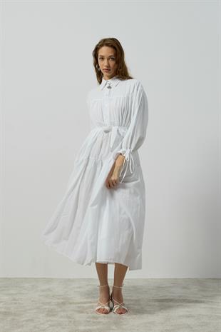 Leona Robalı Oversize Vual Elbise - Beyaz