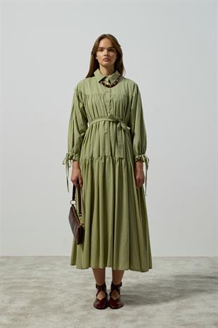 Leona Robalı Oversize Vual Elbise - Çağla