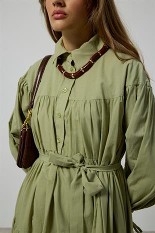 Leona Robalı Oversize Vual Elbise - Çağla