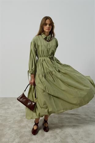 Leona Robalı Oversize Vual Elbise - Çağla