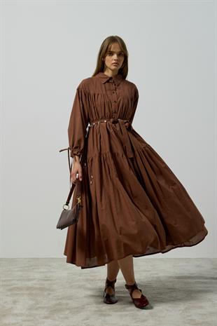 Leona Robalı Oversize Vual Elbise - Kahverengi 