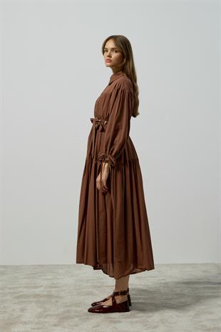 Leona Robalı Oversize Vual Elbise - Kahverengi 