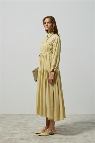 Leona Robalı Oversize Vual Elbise - Pastel Sarı