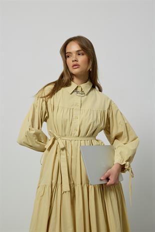 Leona Robalı Oversize Vual Elbise - Pastel Sarı