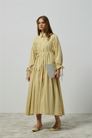 Leona Robalı Oversize Vual Elbise - Pastel Sarı