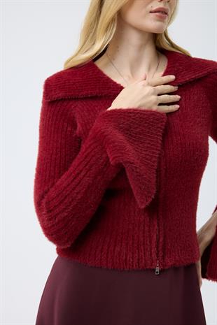 Lexa Denizci  Yaka Fermuarlı Hırka - Bordo 