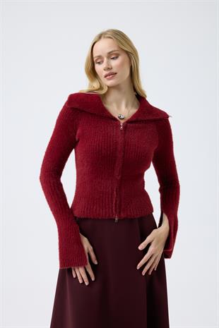 Lexa Denizci  Yaka Fermuarlı Hırka - Bordo 
