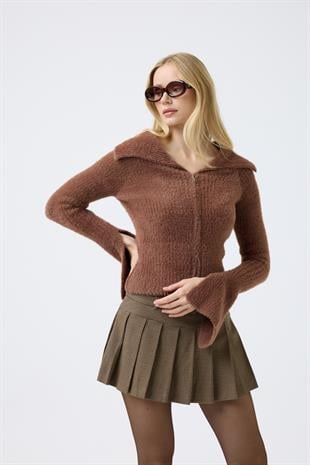 Lexa Denizci  Yaka Fermuarlı Hırka - Kahve 