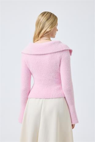 Lexa Denizci  Yaka Fermuarlı Hırka - Pembe 