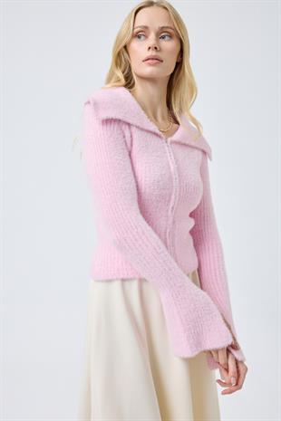 Lexa Denizci  Yaka Fermuarlı Hırka - Pembe 