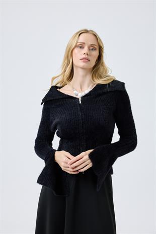 Lexa Denizci  Yaka Fermuarlı Hırka - Siyah 