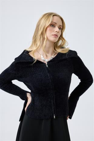 Lexa Denizci  Yaka Fermuarlı Hırka - Siyah 