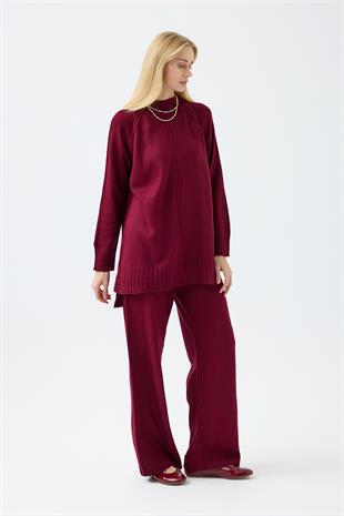 Lilie Nervürlü Triko Takım - Bordo 