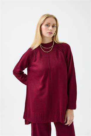 Lilie Nervürlü Triko Takım - Bordo 