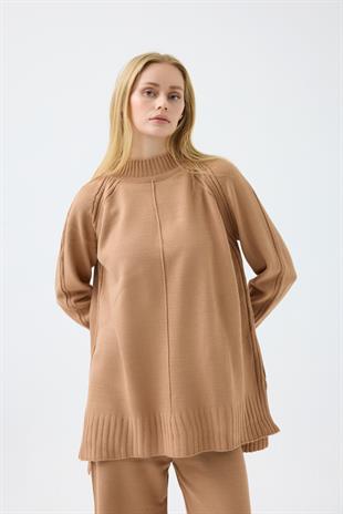 Lilie Nervürlü Triko Takım - Camel 