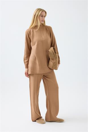 Lilie Nervürlü Triko Takım - Camel 