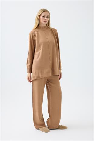 Lilie Nervürlü Triko Takım - Camel 