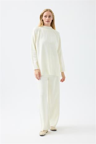 Lilie Nervürlü Triko Takım - Ekru 
