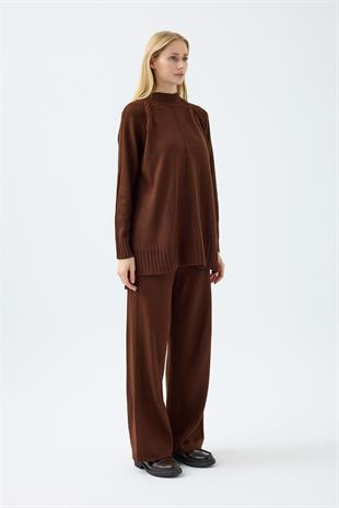 Lilie Nervürlü Triko Takım - Kahverengi 