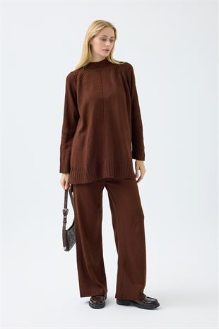 Lilie Nervürlü Triko Takım - Kahverengi 