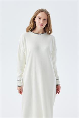 LILITH TEĞEL DETAYLI FİTİLLİ TRİKO ELBİSE - EKRU