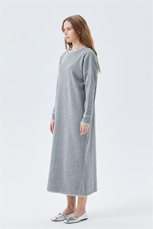 LILITH TEĞEL DETAYLI FİTİLLİ TRİKO ELBİSE - GRİ