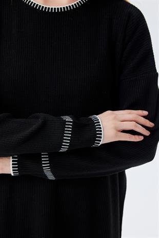 LILITH TEĞEL DETAYLI FİTİLLİ TRİKO ELBİSE - SİYAH 