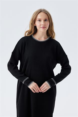 LILITH TEĞEL DETAYLI FİTİLLİ TRİKO ELBİSE - SİYAH 