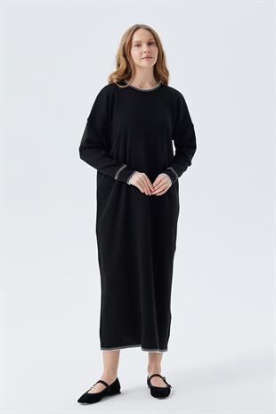 LILITH TEĞEL DETAYLI FİTİLLİ TRİKO ELBİSE - SİYAH 