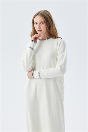 LILITH TEĞEL DETAYLI FİTİLLİ TRİKO ELBİSE - EKRU
