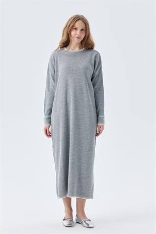 LILITH TEĞEL DETAYLI FİTİLLİ TRİKO ELBİSE - GRİ