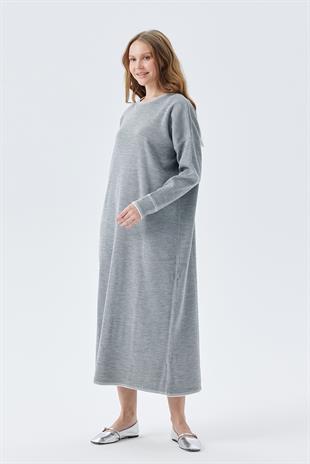 LILITH TEĞEL DETAYLI FİTİLLİ TRİKO ELBİSE - GRİ