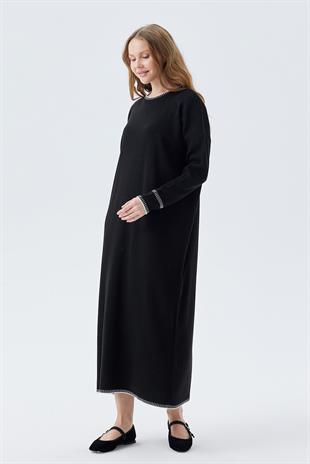 LILITH TEĞEL DETAYLI FİTİLLİ TRİKO ELBİSE - SİYAH 