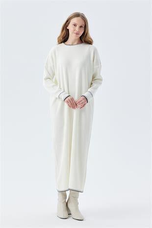 LILITH TEĞEL DETAYLI FİTİLLİ TRİKO ELBİSE - EKRU