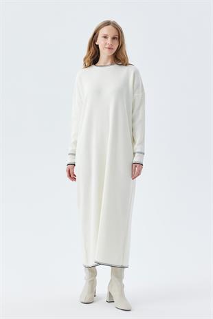 LILITH TEĞEL DETAYLI FİTİLLİ TRİKO ELBİSE - EKRU