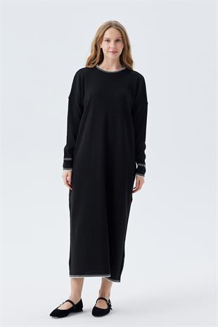LILITH TEĞEL DETAYLI FİTİLLİ TRİKO ELBİSE - SİYAH 