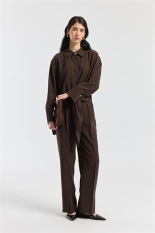Liliya Önden Bağlamalı Pile Detaylı Takım - Kahverengi