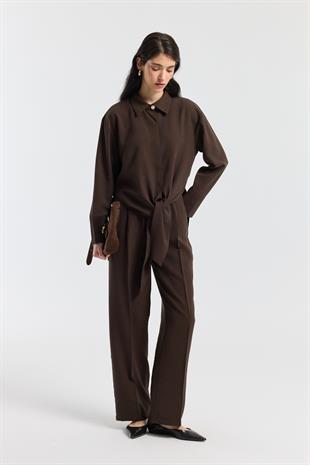 Liliya Önden Bağlamalı Pile Detaylı Takım - Kahverengi