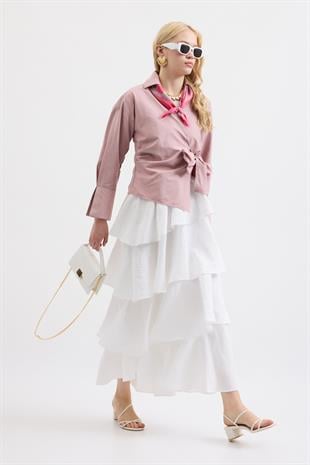 Lily Katlı Kraş Etek - Beyaz